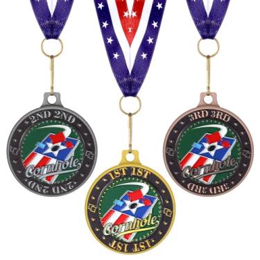 Imagem de Loetere 3 Medalhas de Metal Fusion 5 cm Cornhole Dinkball Futebol 1º 2º 3º Lugar Medalhas de Prêmio com Fitas Ouro Prata Marrom Troféu para Participação Esportiva Prêmio Vencedor Presente (Cornhole)