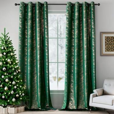 Imagem de Cortinas de veludo verde 213 cm, 2 painéis, luxuosas, com estampa de folha dourada, para quarto, sala de estar, isolamento térmico, isolamento térmico, macio, blackout, Natal, ilhós, tratamentos de