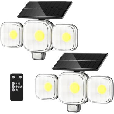 Imagem de CINOTON Luzes externas com sensor de movimento solar, holofote de segurança LED de 3 modos, IP65 à prova d'água, energia solar, iluminação de parede externa com controle remoto para jardim, pátio
