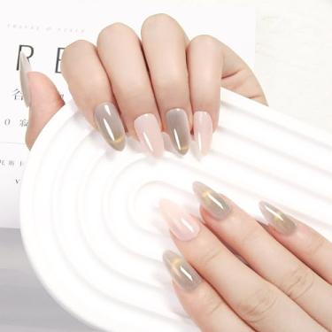 Imagem de Unhas postiças Hnad Withered Hnad – Unhas postiças com glitter semitransparente, unhas postiças reutilizáveis com cola | Qualidade de salão - Kit de 24 unhas