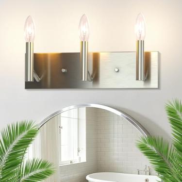 Imagem de Kalium Luminária de banheiro de 3 luzes, luminárias modernas de banheiro de níquel escovado sobre espelho, luzes de penteadeira para banheiro, espelho, sala de estar, quarto