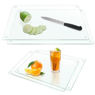 Imagem de JAMBALAY Conjunto de 4 tábuas de corte de vidro temperado, tábuas de corte de vidro para cozinha, conjunto de tábuas de corte transparentes de 30,5 x 40,6 cm e 20,3 x 30,5 cm, com pé antiderrapante