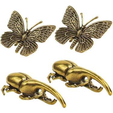 Imagem de SOQSOQ 4 peças pequenas estátuas de latão dourado ornamento de esculturas de animais ornamento de mesa para escritório rústico decoração de casa presente de arte de parede (4 peças borboleta + besouro