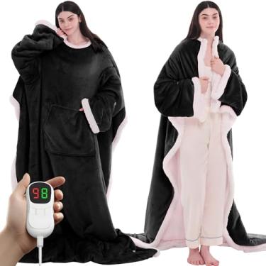 Imagem de PLOATH Xale de cobertor elétrico aquecido: poncho aquecido - cobertor vestível com capuz sherpa com 10 níveis de aquecimento e várias configurações de tempo de aquecimento (127 x 189 cm) preto)