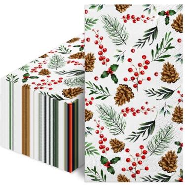 Imagem de Guardanapos descartáveis de Natal com design de pinha e frutas vermelhas - Utensílios de mesa festivos para jantar de Natal, festas de inverno e decorações de férias