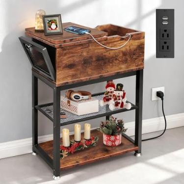 Imagem de Mesa de canto dobrável para sala de estar, mesa lateral de 71 cm, 30 cm P x 61 cm L x 71 cm A, mesa lateral estreita com gaveta, gaveta profunda de 21 cm, mesa de canto com estação de carregamento