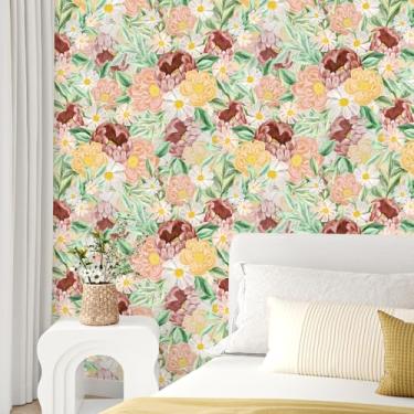 Imagem de Skyblur Papel de parede floral vintage rosa laranja descascar e colar mural removível peônia margarida papel de contato floral para decoração de arte aquarela flor papel de parede para quarto sala de
