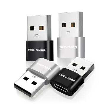 Imagem de Teslniher Adaptador USB para USB C, pacote com 4, adaptador USB C fêmea para USB macho, conversor de cabo carregador tipo C para USB A compatível com iPhone 16 15 14, iPad Pro Air Mini, S24 S23