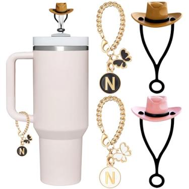 Imagem de ANLABESY Compatível com acessórios Stanley Cup, 2 peças de topo de palha de silicone para tampa de canudo Stanley Cup, 2 peças de pingentes de letras fofas para Stanley Copo de 30 e 1,134 g com alça