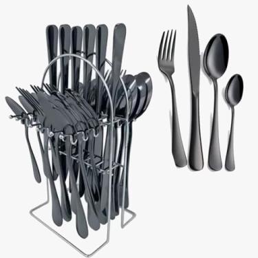 Imagem de Jogo De Talher Faqueiro Luxo Preto Aço Inox Com Suporte Jantar 24 Pç Completo