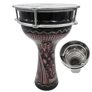 Imagem de ZAZA Percussion Darbuka de alumínio de 40 cm de comprimento, cabeça sintética ajustável de 20 cm e jingles internos Doumbek (gravação em preto 2)