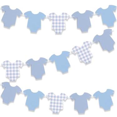 Imagem de Guirlanda de chá de bebê guingão azul, 12 peças de body com recortes de body faixa de roupa gênero neutro festa menino chá de bebê aniversário berçário decorações de parede