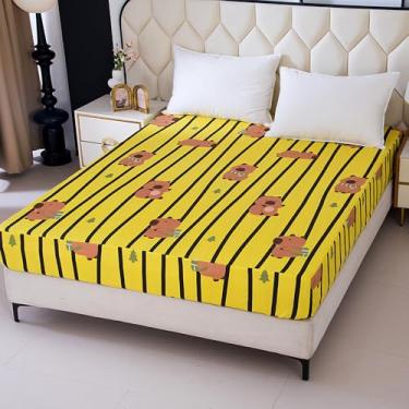 Imagem de NATURETY Lençol com elástico alto, lindo tecido estampado capibara, para meninos e meninas (listras amarelas, solteiro)