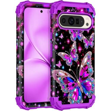 Imagem de LONTECT Capa para Google Pixel 9/9 Pro, floral, à prova de choque, resistente, resistente, 3 em 1, híbrida, resistente, capa protetora de alto impacto, amaranto que brilha no escuro