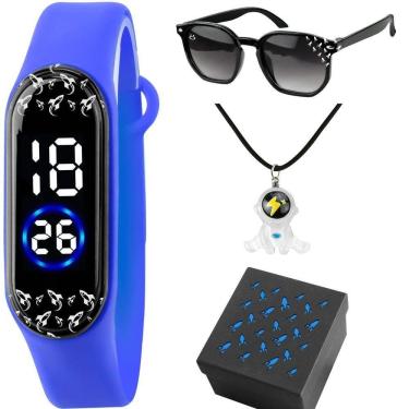Imagem de Relogio Infantil Azul Digital + Oculos Sol Menino Foguete Prova Dagua autêntico Garoto Social Acetato