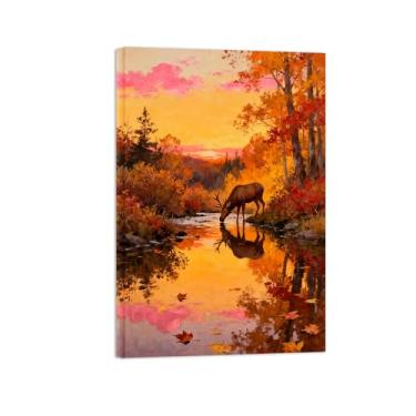 Imagem de Quadro arte parede outono-Árvore rio veado Impressões em tela paisagens-Pintura animais para decoração sala estar 20x30cm Tela Embrulhada