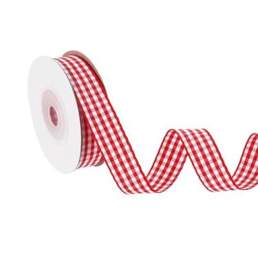 Imagem de PATIKIL Fita guingão de 10 jardas x 1,5 cm, fita xadrez de nylon quadriculada para presente para grinalda de laço de ação de graças, artesanato, aniversário, casamento, vermelho
