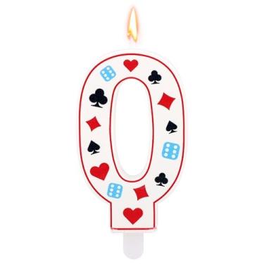 Imagem de Vela de aniversário com tema de cassino, número de dados de pôquer para decorações de bolos, artigos de decoração de festa de aniversário com tema de jogos de azar (número 0)