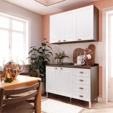 Imagem de Armário De Cozinha Compacta 2 Peças Com Tampo Safira Luciane Móveis Nogueira Dourado Com Branco Pet