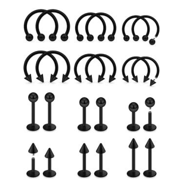 Imagem de Dyknasz Anéis labiais de aço cirúrgico roscado interno joias variedade de tamanhos anéis de ferradura nariz septo ferradura argola cobra piercing joias para mulheres homens 14G preto