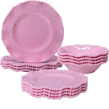Imagem de ZAROCRUS Conjunto de louça de melamina com contas rosa, 12 peças de pratos e tigelas inquebráveis para 4, pratos de cozinha e jantar para acampamento, festas infantis ou reuniões