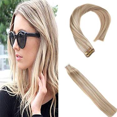 Imagem de Sunny Hair Extensões de cabelo humano real com fita adesiva invisível Remy extensões de cabelo fitas para mulheres loiro acinzentado destaque loiro branqueador com matiz rosa 40,6 cm 20 peças 50G