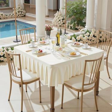 Imagem de Toalhas de mesa de elastano marfim para mesas quadradas de 122 x 122 cm, roupas de mesa elásticas com saia plissada com babados para mesa de 122 cm, sem rugas e elásticas, para festa, cozinha, casa