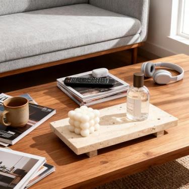 Imagem de Suporte de pedestal de mármore, organizador de balcão de banheiro, bandeja de pedra para exibição de joias e sabão (bege)