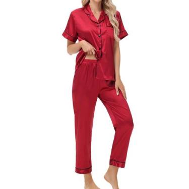 Imagem de Conjunto de pijama feminino Exemaba de manga curta e calça de cetim