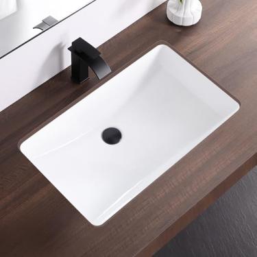Imagem de Pia de banheiro de 68 cm sob montagem inferior retangular pia subterrânea de cerâmica branca sob o balcão pias de banheiro com transbordamento (69 cm x 42 cm)