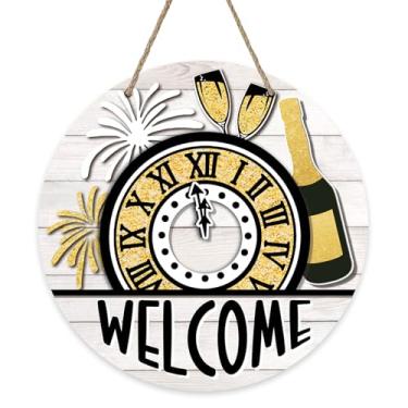 Imagem de Bolisom Placa de boas-vindas de Ano Novo 2026, relógio dourado preto, champanhe, fogos de artifício, cabide de madeira, varanda, decoração de casa, celebração de Natal, inverno, guirlanda de madeira