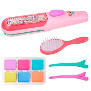 Imagem de Kit Infantil de Pintura para Cabelo, 6 Cores Vibrantes, Mini Prancha 15cm, Escova e Presilhas, para Crianças Acima de 6 Anos
