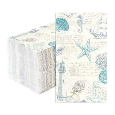 Imagem de 100 guardanapos de papel costeiros 3 camadas oceano concha descartáveis absorventes toalhas de mão vintage náutico coral hóspedes guardanapos de banheiro para inverno, Natal, férias, casamento