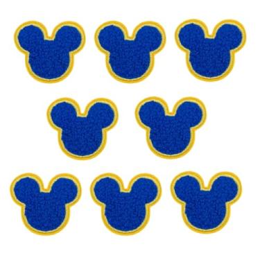 Imagem de 8 peças de adesivos de chenille de cabeça de mouse de 5 cm, adesivos autoadesivos para roupas, chapéus, bolsas, chenille macio com borda amarela para amantes de animais de estimação e times (azul