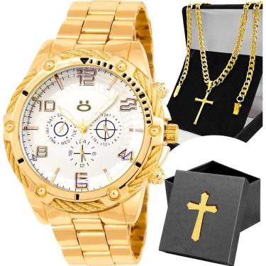 Imagem de Cordao Grumet Crucifixo + Caixa + Relogio Dourado Masculino Robusto Social Casual Original Jesus