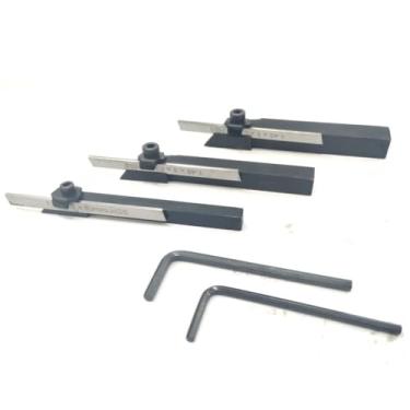 Imagem de PRAZTECH Suporte de ferramenta de corte de mini torno de 6 mm, 8 mm, 10 mm, haste quadrada + 3 lâminas HSS + chave | Ferramenta de mão | Torno DIY para pequenos tornos Unimat Emco Hobbyist etc.