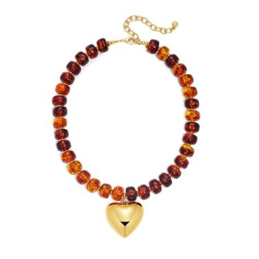 Imagem de FAUTHENTICUTE Colar gargantilha com contas âmbar com pingente de coração dourado para mulheres