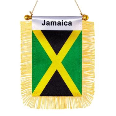 Imagem de JBSJBS Bandeira pendurada da Jamaica mini bandeiras de janela de carro jamaicanas bandeiras de espelho retrovisor decoração bandeiras da Jamaica com ventosa com franjas douradas dupla face 7,6 x 12,7