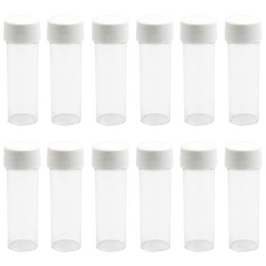 Imagem de VASANA 12 frascos de amostra de plástico transparente reutilizáveis vazios de 25 ml com tampa de rosca branca, recipientes de armazenamento de frascos cosméticos para experimentos científicos