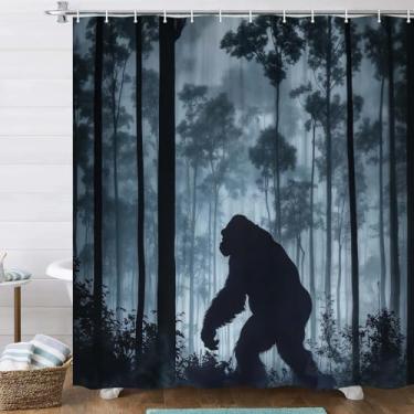 Imagem de JAWO Cortina de chuveiro Bigfoot, misteriosa floresta enevoada Sasquatch conjunto de cortina de chuveiro, engraçado madeiras enevoadas macaco monstro chimpanzé decoração de terror cortina de banheiro