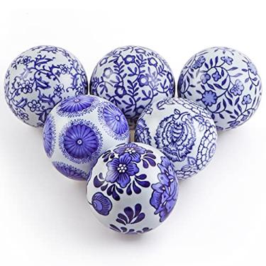 Imagem de Sanbege Bolas decorativas de porcelana, conjunto de bolas centrais de 7,6 cm, esferas de cerâmica flutuantes para tigela, vaso, cesta, prato, aquário de peixes, decoração de casa, pacote com 6 (azul e