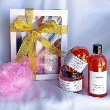 Imagem de Kit Presente: Geleia de Banho 170ml + Esfoliante Corporal 130g + Sabonete Hidratante 80g + Esponja + Caixa com Laço | Melancia