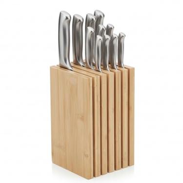 Imagem de Libken Bloco de facas de bambu – design escandinavo minimalista, suporte universal de faca com 6 compartimentos para até 18 facas – serve para aparar, chef, bife, facas de açougueiro e tesouras, bloco