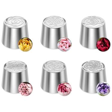 Imagem de Conjunto de pontas de tubulação russas de 6/8 peças, vários designs de flores, pontas de bocais de confeitar bolo, pontas de bocais para confeitar, extragrande, de aço inoxidável, em camadas, para