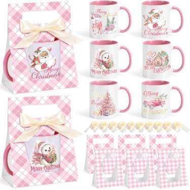 Imagem de LemonRoad 6 conjuntos de canecas de café de Natal com caixas de caneca 340 g xícaras de café de Natal rosa de cerâmica com caixas de presente fita para presente de festa de inauguração de casa de
