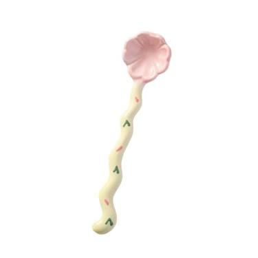 Imagem de Colheres de Jantar Colher de cerâmica com cabo longo, colheres em forma flor fofa, café expresso, colher, sobremesa, sorvete, chá, 1 peça(Pink)