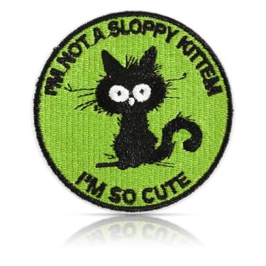 Imagem de Patch de gatinho desleixado, adesivos bordados de gato fofo engraçado com fundo verde brilhante, aplique redondo de 7,4 cm para passar a ferro ou costurar na moral para jaquetas, mochilas, sacolas