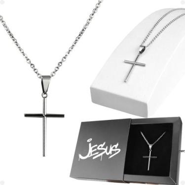 Imagem de cordão metal prata qualidade premium religioso cruz jesus fé casual pr