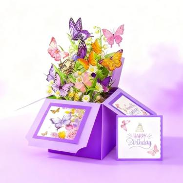 Imagem de Cartão de aniversário pop up cartão 3D borboletas e flores para sempre buquê de felicitações cartão de Natal para mulheres, esposa, mãe, filha, irmã, presente de Natal, cartão festivo, roxo