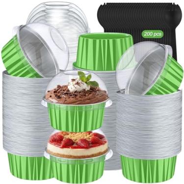 Imagem de Gandeer 200 peças de forros de cupcake de 141,7 g, mini formas de alumínio para bolo, formas de assar, formas de pão com tampas de cúpula e colheres, ramequins descartáveis para festa, Natal